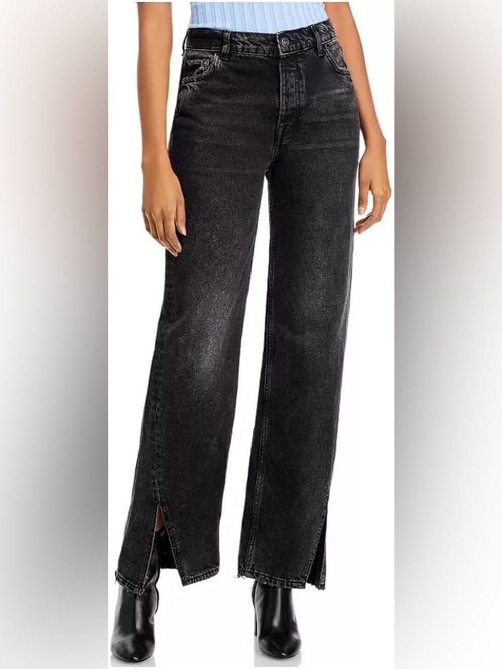 Free People Long Lines Slit Front High Rise Straight Leg Jeans Rockin Black 25 - Picture 4 of 8